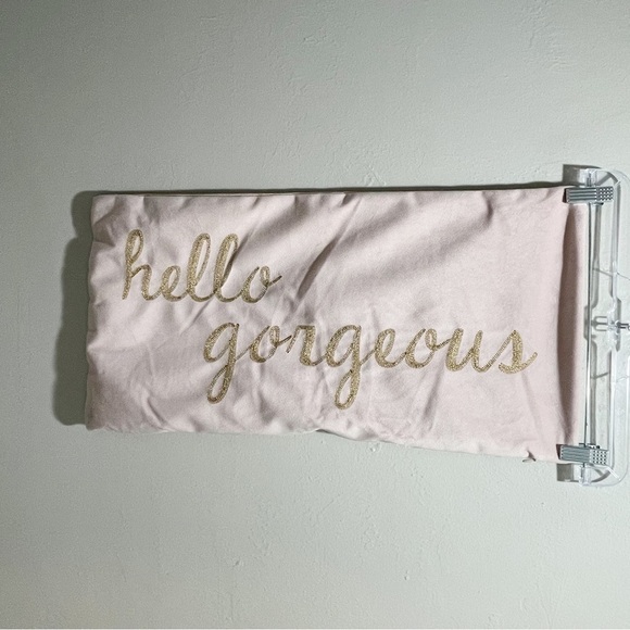 Pink Velvet HELLO GORGEOUS Graphic Pillow Cover Beige Back Zip Close 12” X 22” - Picture 1 of 3